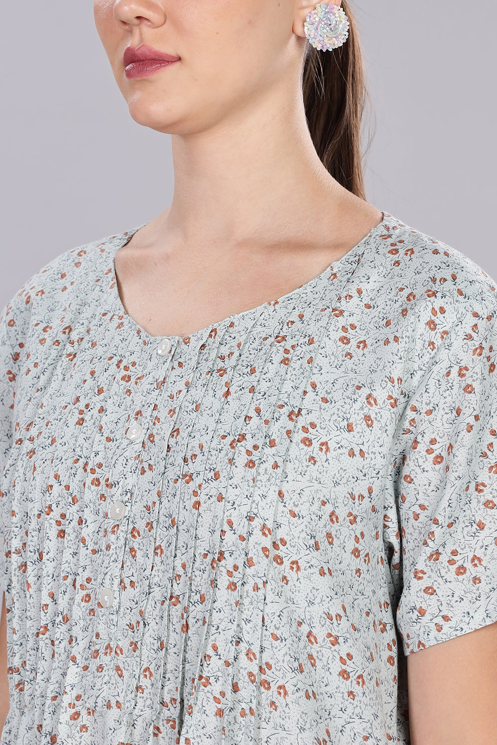 Naidu Hall Women's V-Neck A-Line Nighty with Front Button Placket and Pintuck Detailing - Light Blue - NT20