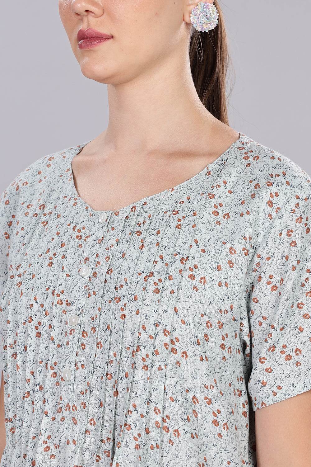 Naidu Hall Women's V-Neck A-Line Nighty with Front Button Placket and Pintuck Detailing - Light Blue - NT20 - Naidu Hall Family Store