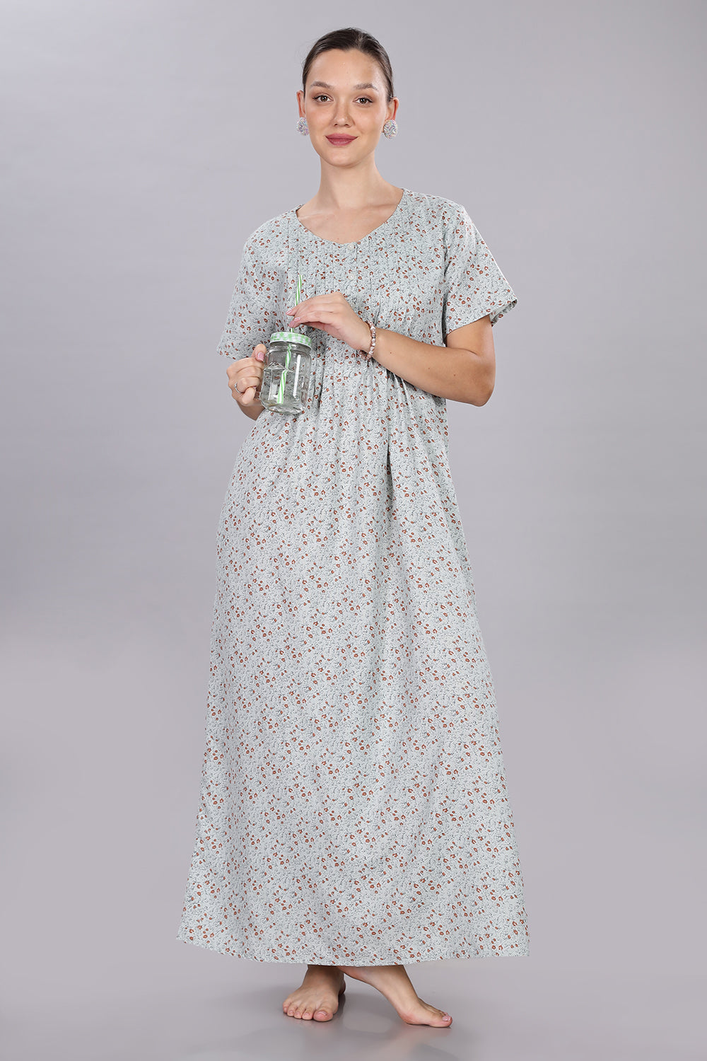 Naidu Hall Women's V-Neck A-Line Nighty with Front Button Placket and Pintuck Detailing - Light Blue - NT20
