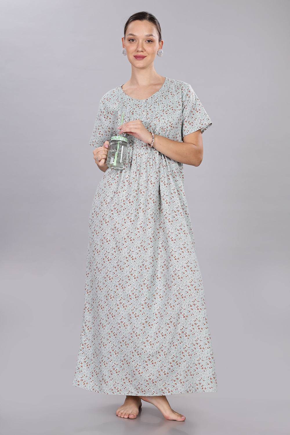 Naidu Hall Women's V-Neck A-Line Nighty with Front Button Placket and Pintuck Detailing - Light Blue - NT20 - Naidu Hall Family Store