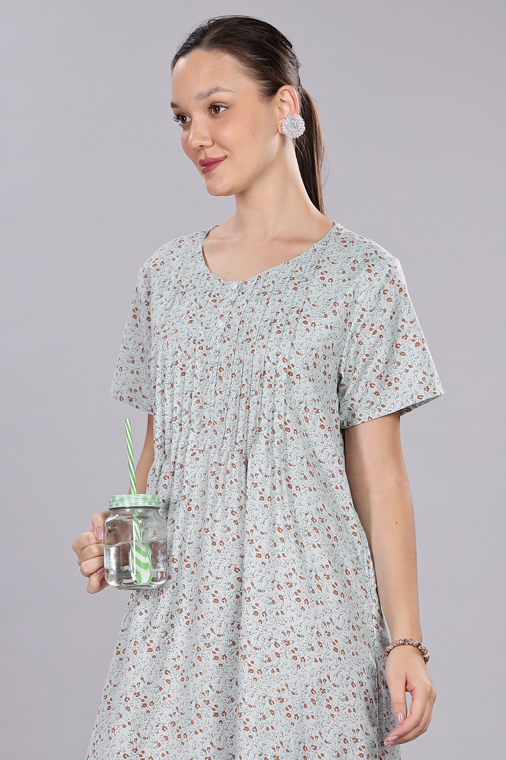 Naidu Hall Women's V-Neck A-Line Nighty with Front Button Placket and Pintuck Detailing - Light Blue - NT20
