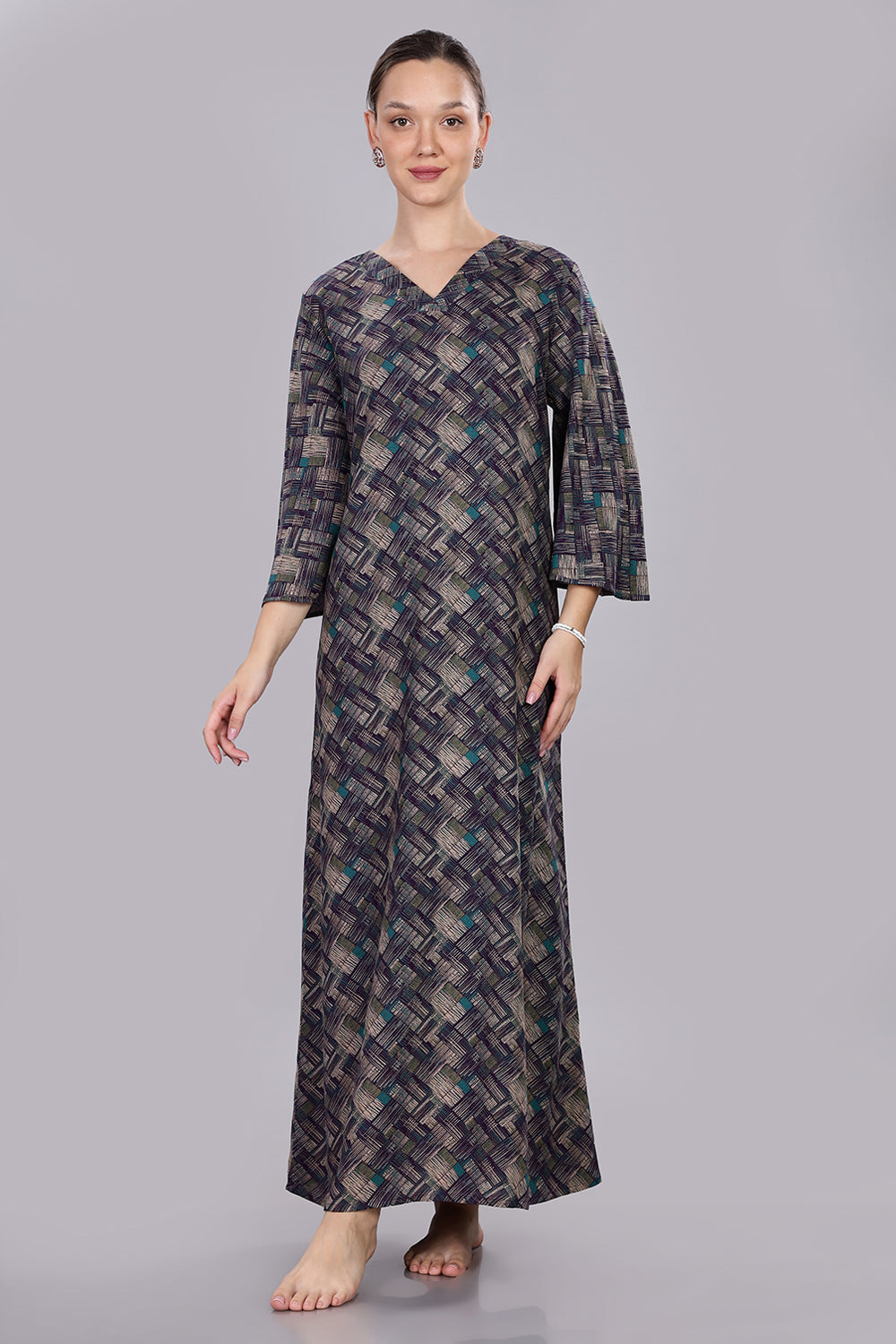 Naidu Hall Women's V-Neck A-Line Nighty with Bell Sleeves - Dark Blue - NT40