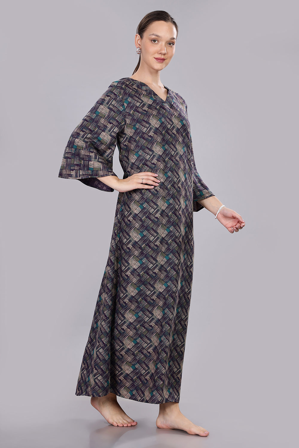 Naidu Hall Women's V-Neck A-Line Nighty with Bell Sleeves - Dark Blue - NT40