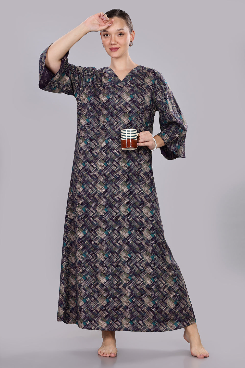 Naidu Hall Women's V-Neck A-Line Nighty with Bell Sleeves - Dark Blue - NT40