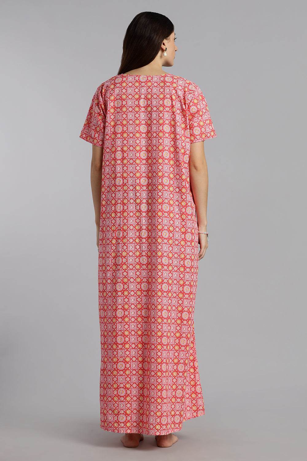 Naidu Hall Naidu Hall Women’s Printed Cotton Nighty – A-Line Fit with Front Yoke, Slant Pocket & Half Sleeves - Pink - N105 - Naidu Hall Family Store