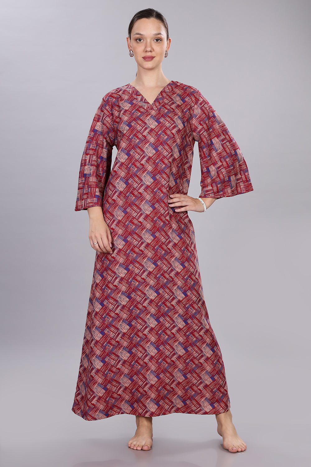 Naidu Hall Women's V-Neck A-Line Nighty with Bell Sleeves - Red - NT40