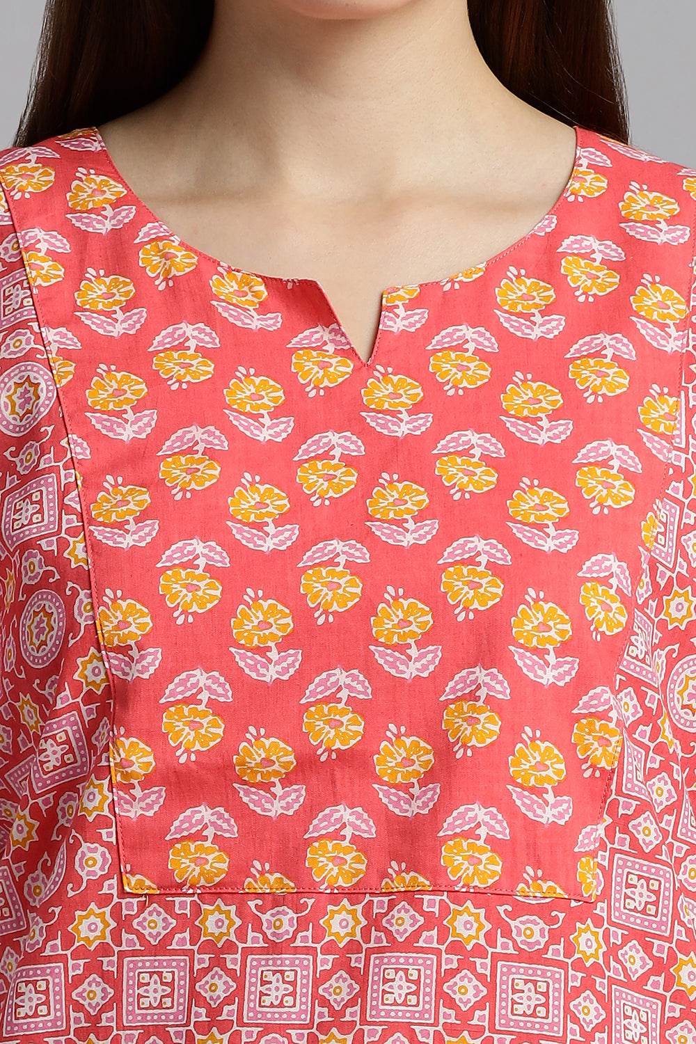 Naidu Hall Naidu Hall Women’s Printed Cotton Nighty – A-Line Fit with Front Yoke, Slant Pocket & Half Sleeves - Pink - N105 - Naidu Hall Family Store