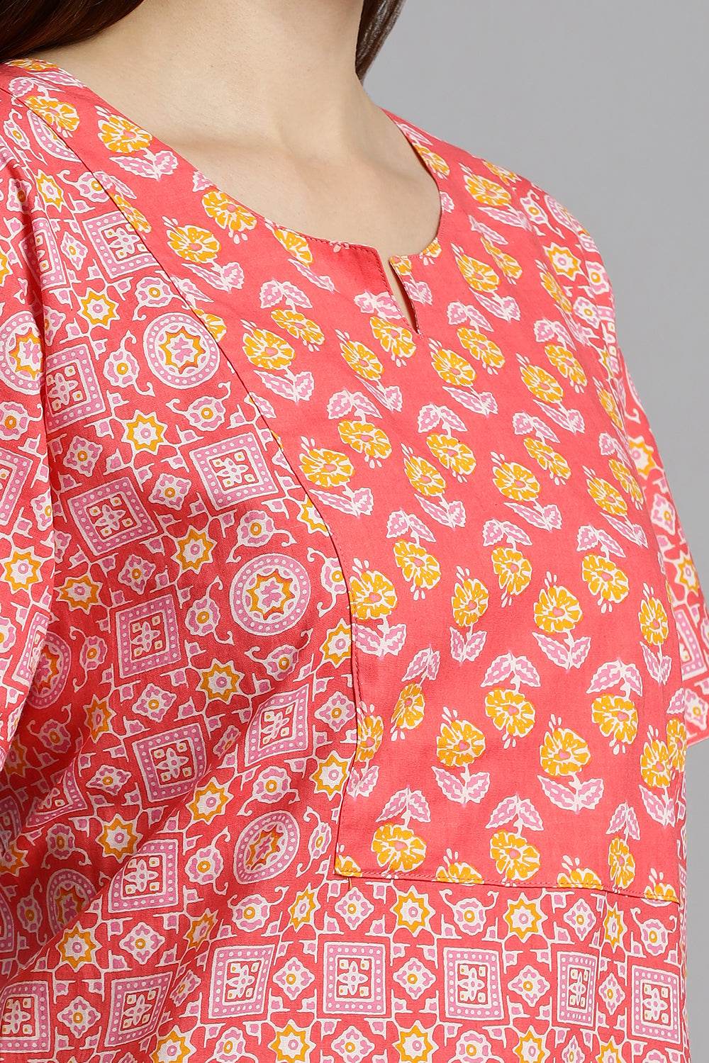 Naidu Hall Naidu Hall Women’s Printed Cotton Nighty – A-Line Fit with Front Yoke, Slant Pocket & Half Sleeves - Pink - N105 - Naidu Hall Family Store