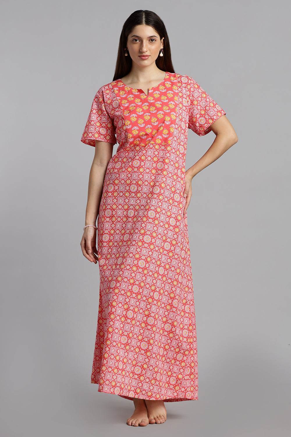 Naidu Hall Naidu Hall Women’s Printed Cotton Nighty – A-Line Fit with Front Yoke, Slant Pocket & Half Sleeves - Pink - N105 - Naidu Hall Family Store