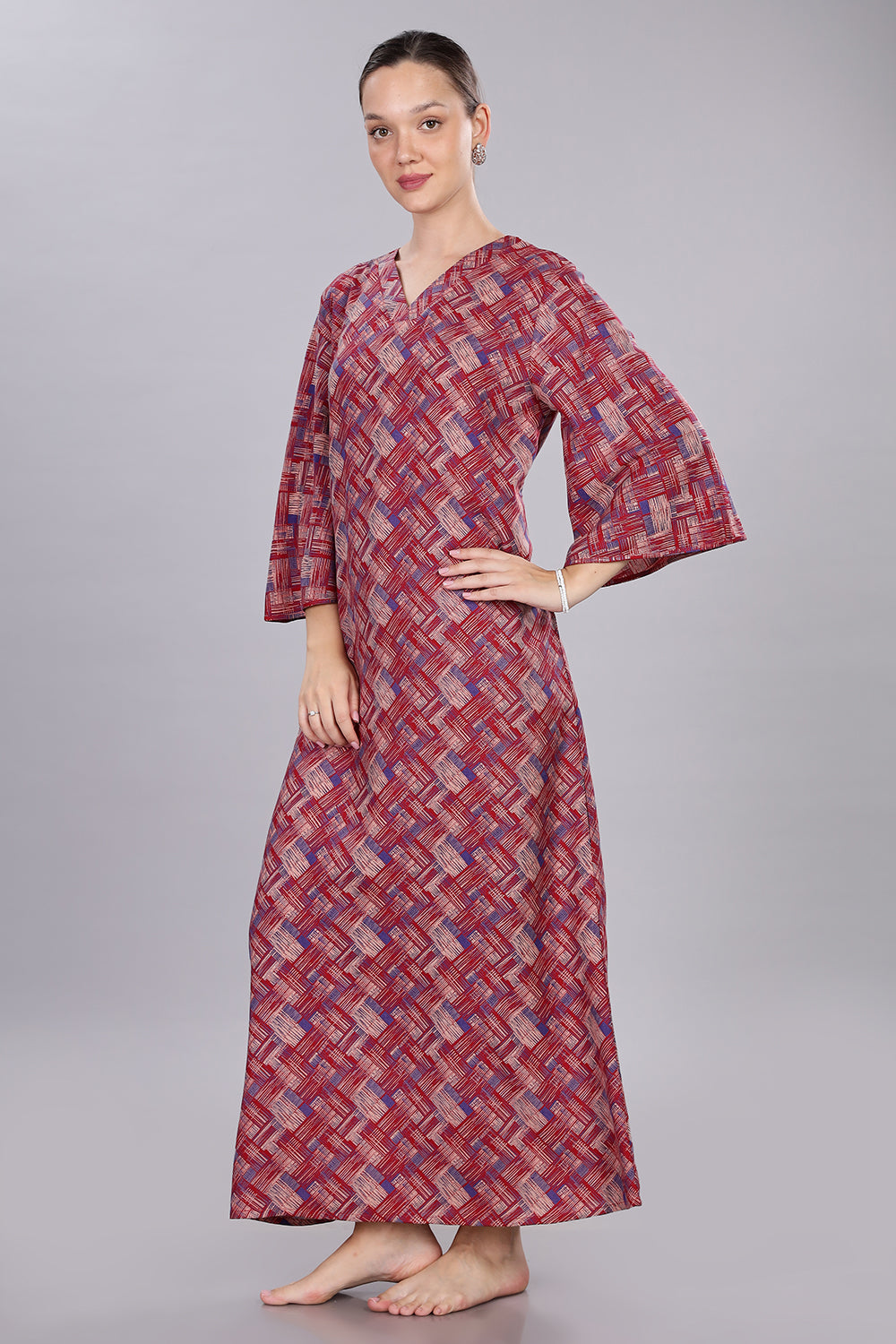 Naidu Hall Women's V-Neck A-Line Nighty with Bell Sleeves - Red - NT40