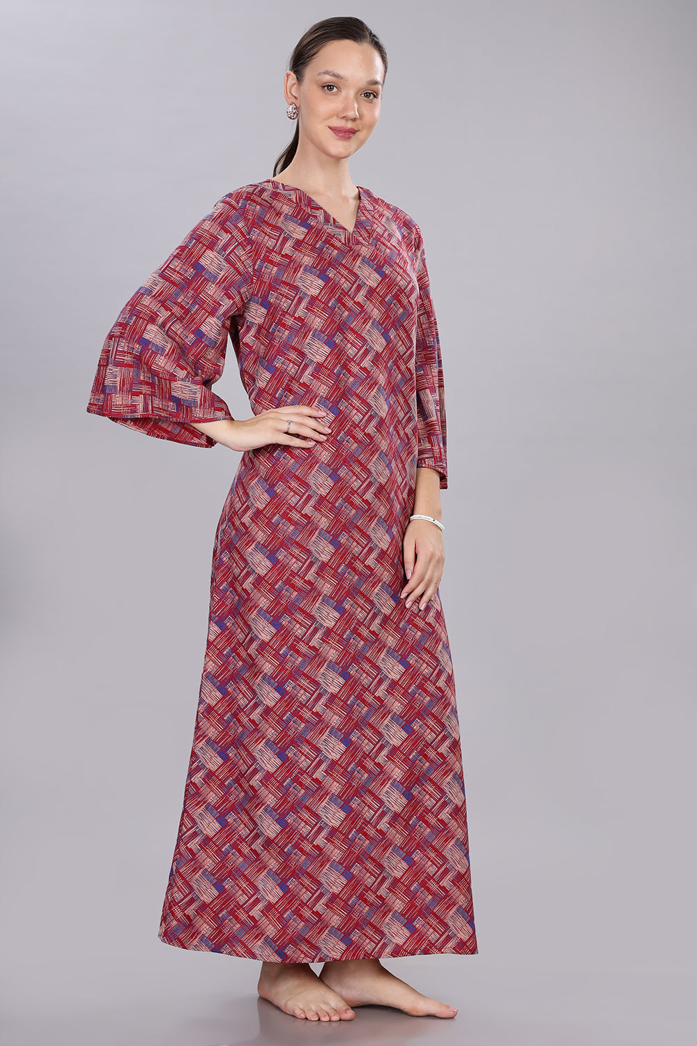 Naidu Hall Women's V-Neck A-Line Nighty with Bell Sleeves - Red - NT40