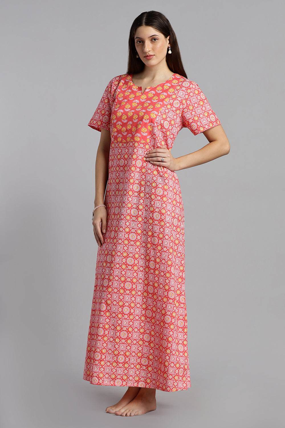 Naidu Hall Naidu Hall Women’s Printed Cotton Nighty – A-Line Fit with Front Yoke, Slant Pocket & Half Sleeves - Pink - N105 - Naidu Hall Family Store