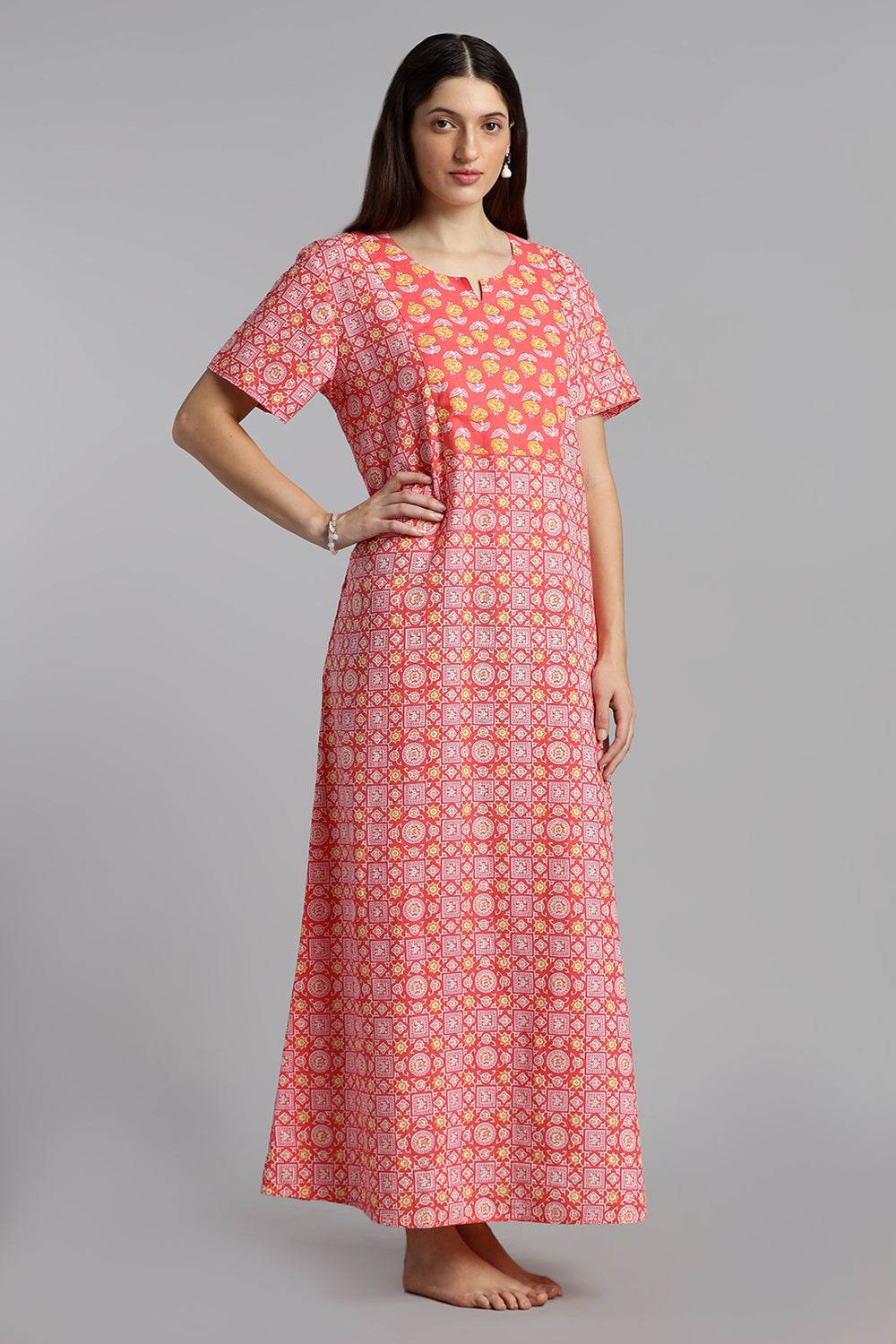 Naidu Hall Naidu Hall Women’s Printed Cotton Nighty – A-Line Fit with Front Yoke, Slant Pocket & Half Sleeves - Pink - N105 - Naidu Hall Family Store