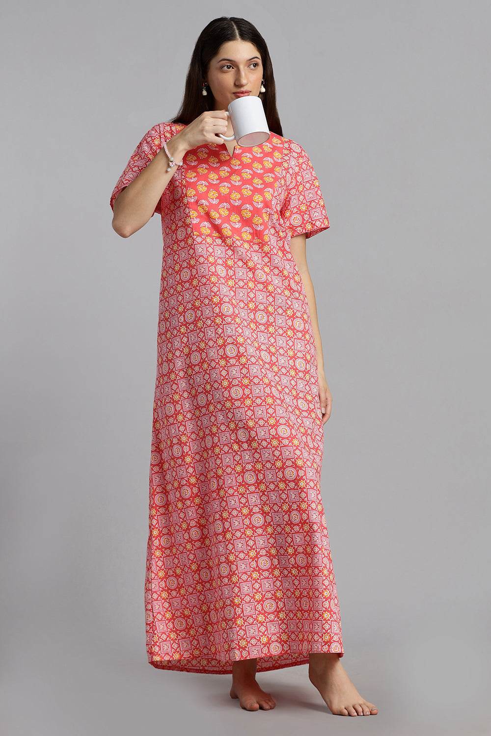 Naidu Hall Naidu Hall Women’s Printed Cotton Nighty – A-Line Fit with Front Yoke, Slant Pocket & Half Sleeves - Pink - N105 - Naidu Hall Family Store