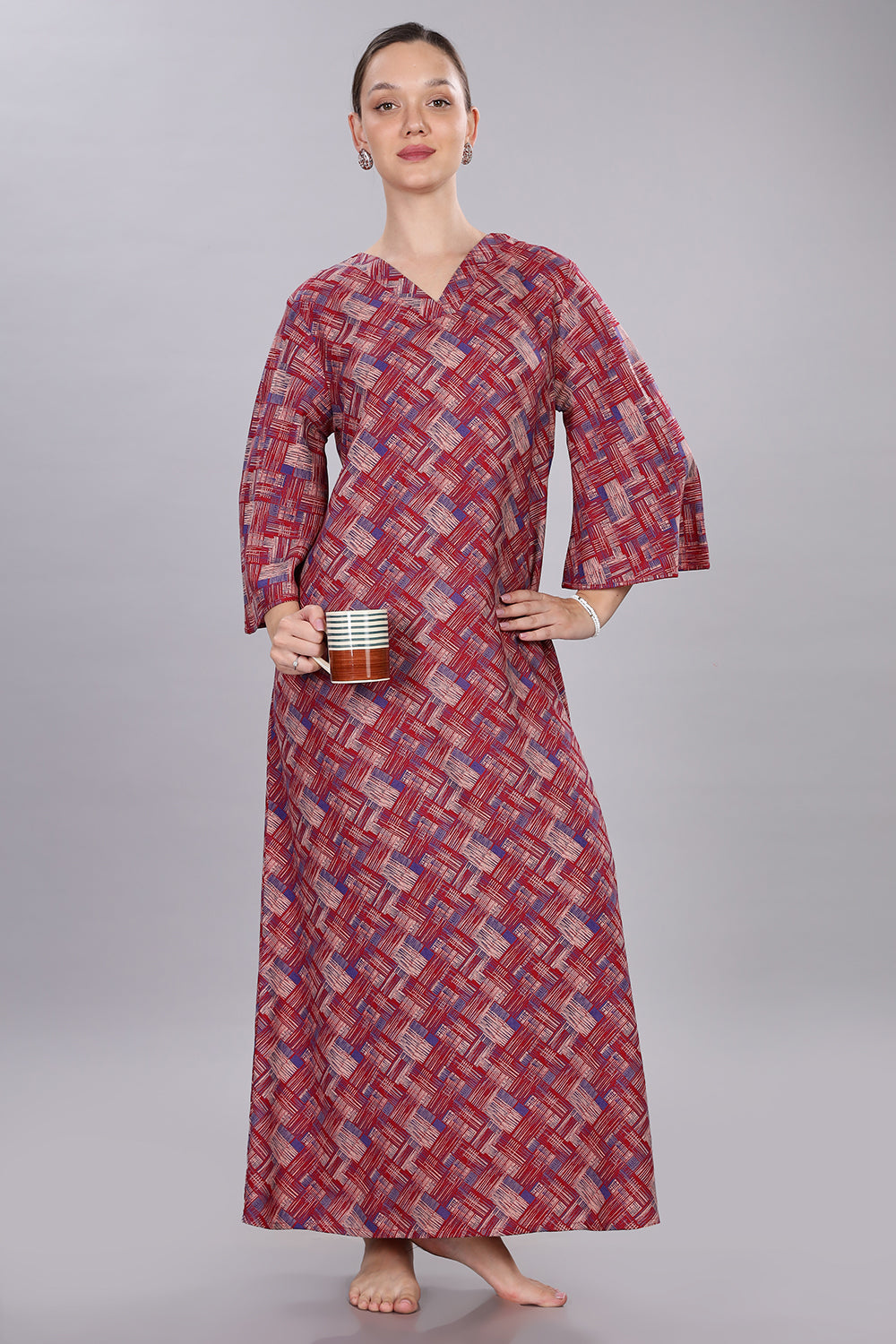 Naidu Hall Women's V-Neck A-Line Nighty with Bell Sleeves - Red - NT40