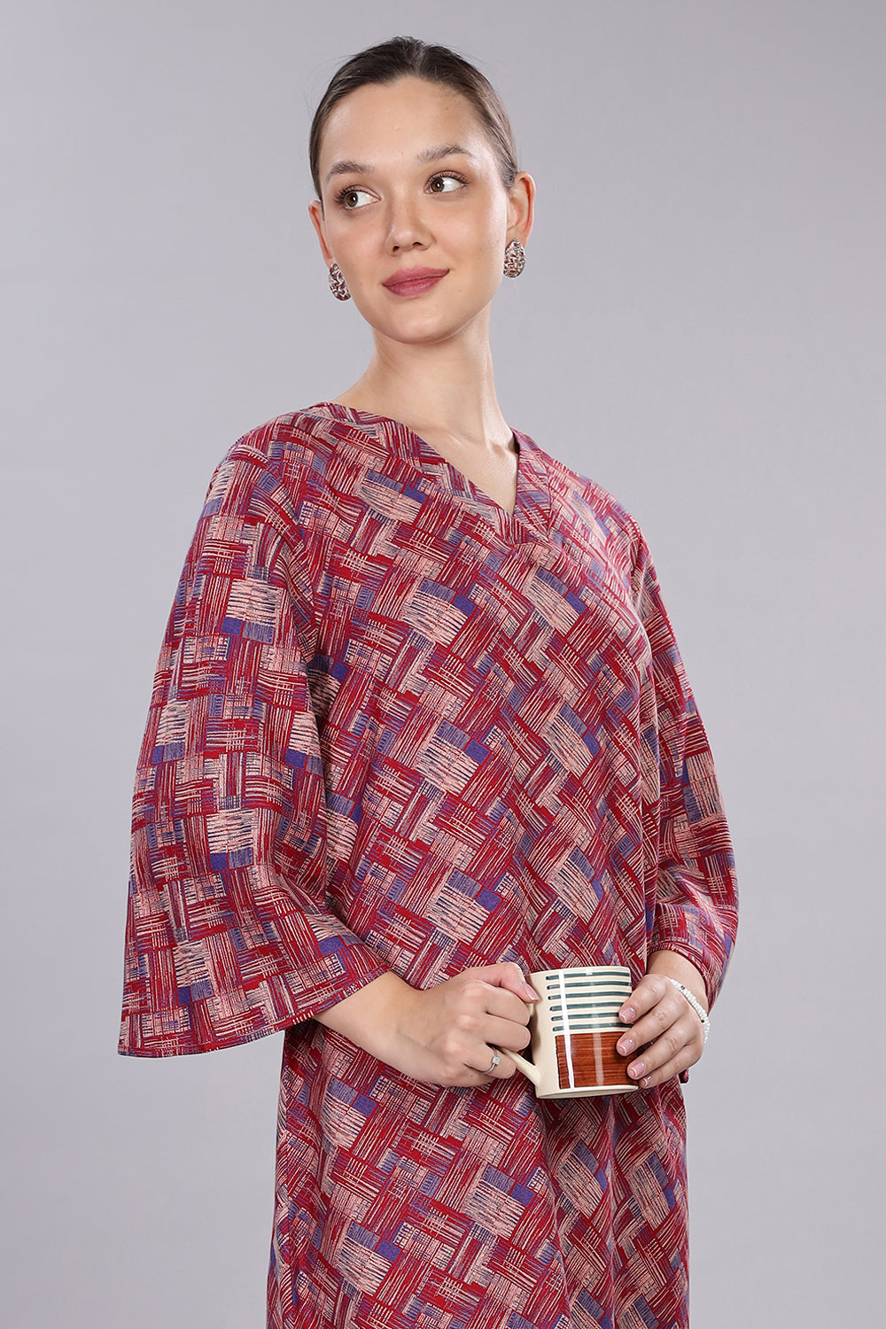 Naidu Hall Women's V-Neck A-Line Nighty with Bell Sleeves - Red - NT40