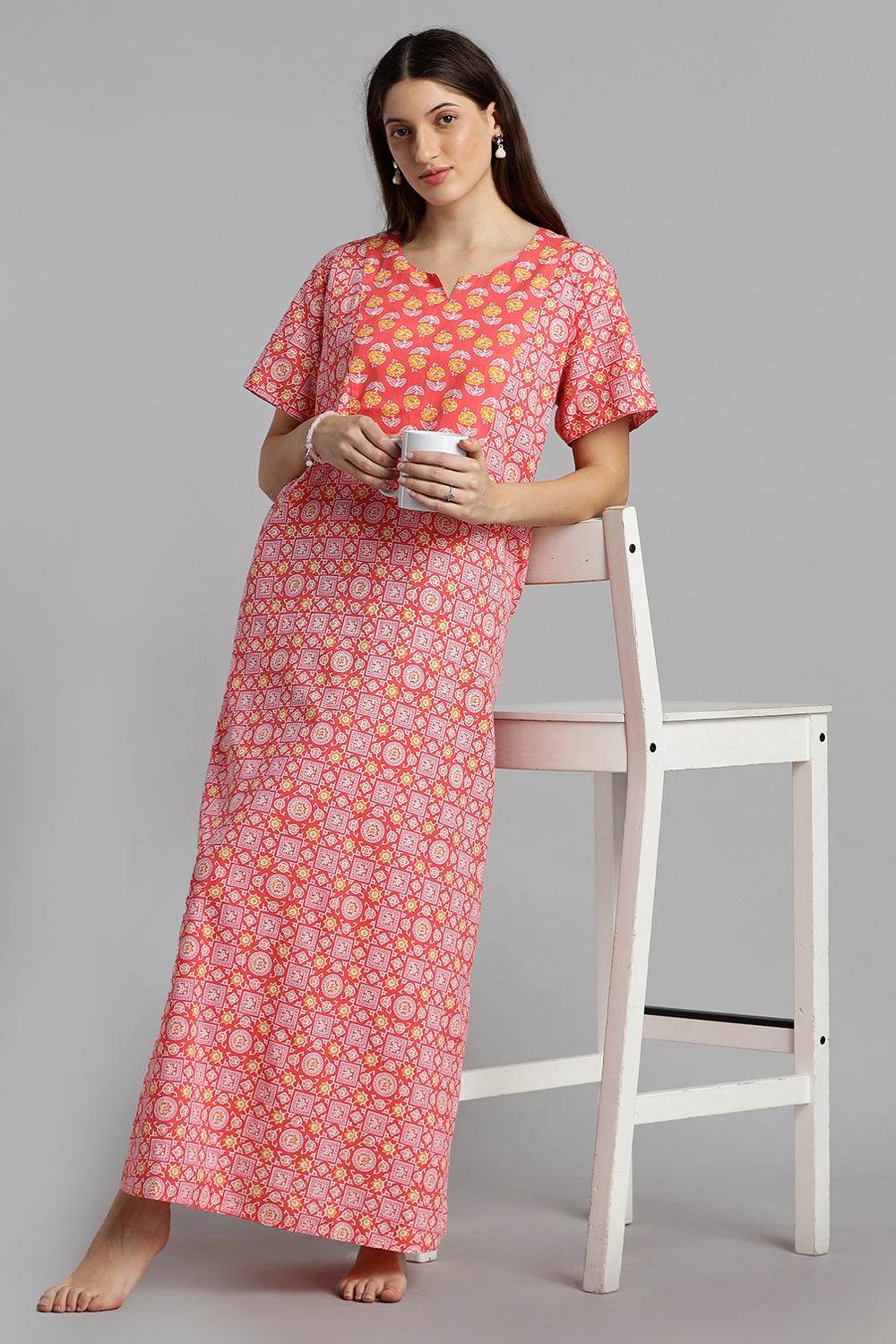 Naidu Hall Naidu Hall Women’s Printed Cotton Nighty – A-Line Fit with Front Yoke, Slant Pocket & Half Sleeves - Pink - N105 - Naidu Hall Family Store