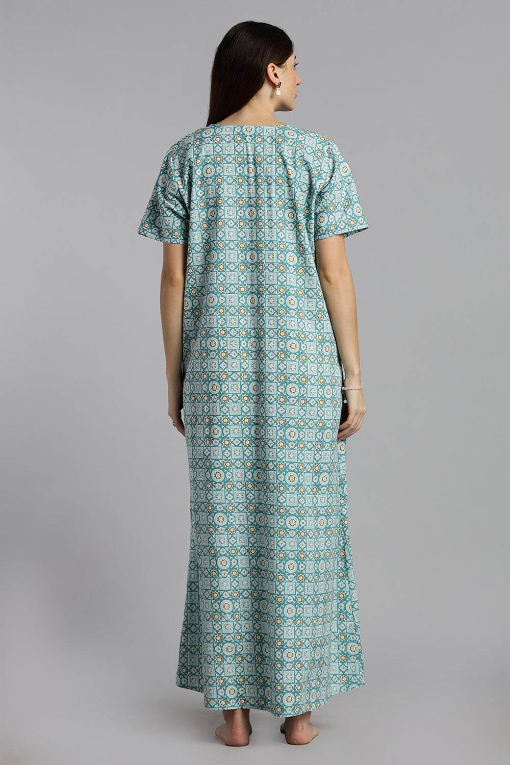 Naidu Hall Naidu Hall Women’s Printed Cotton Nighty – A-Line Fit with Front Yoke, Slant Pocket & Half Sleeves - Aqua Blue - N106 - Naidu Hall Family Store