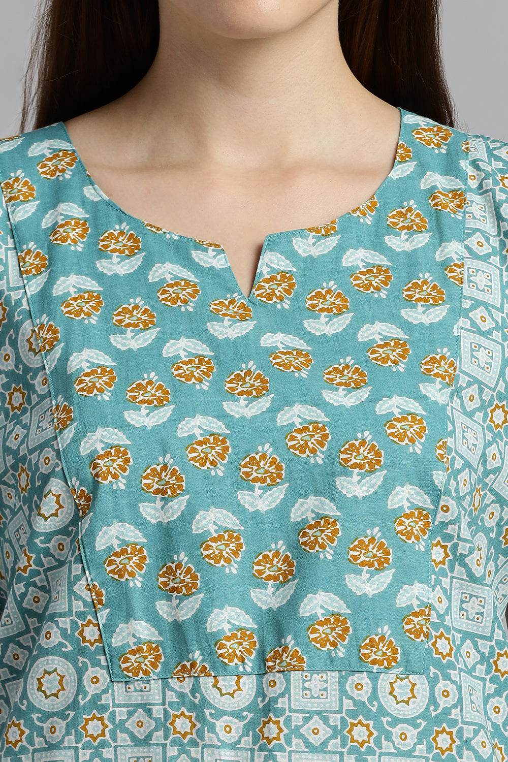 Naidu Hall Naidu Hall Women’s Printed Cotton Nighty – A-Line Fit with Front Yoke, Slant Pocket & Half Sleeves - Aqua Blue - N106 - Naidu Hall Family Store