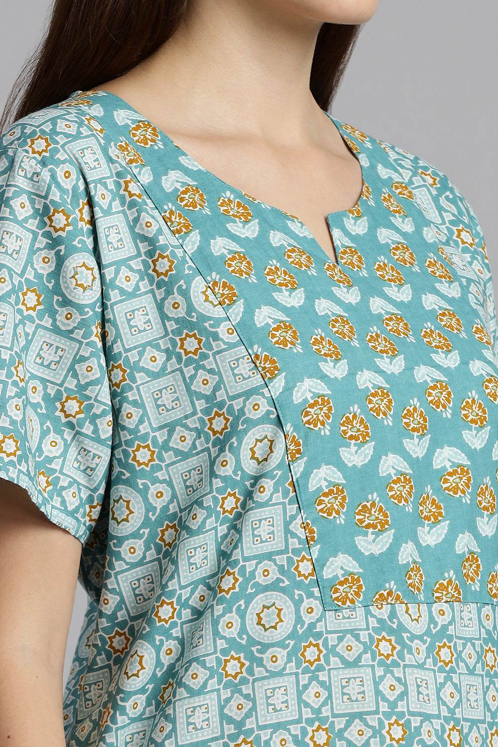 Naidu Hall Naidu Hall Women’s Printed Cotton Nighty – A-Line Fit with Front Yoke, Slant Pocket & Half Sleeves - Aqua Blue - N106 - Naidu Hall Family Store