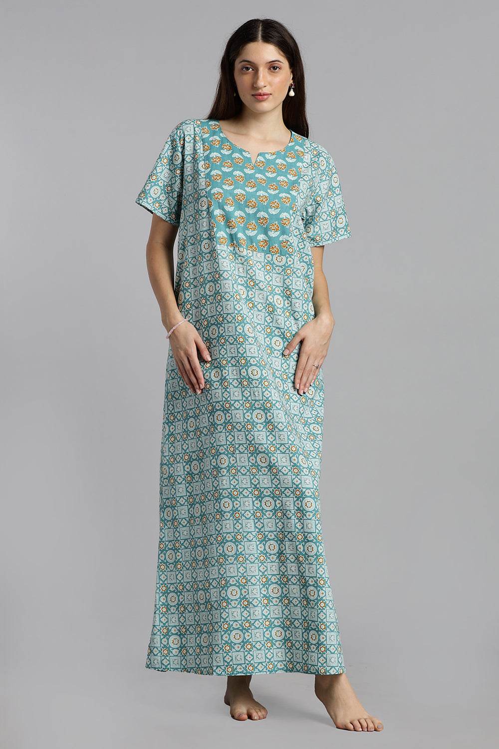 Naidu Hall Naidu Hall Women’s Printed Cotton Nighty – A-Line Fit with Front Yoke, Slant Pocket & Half Sleeves - Aqua Blue - N106 - Naidu Hall Family Store