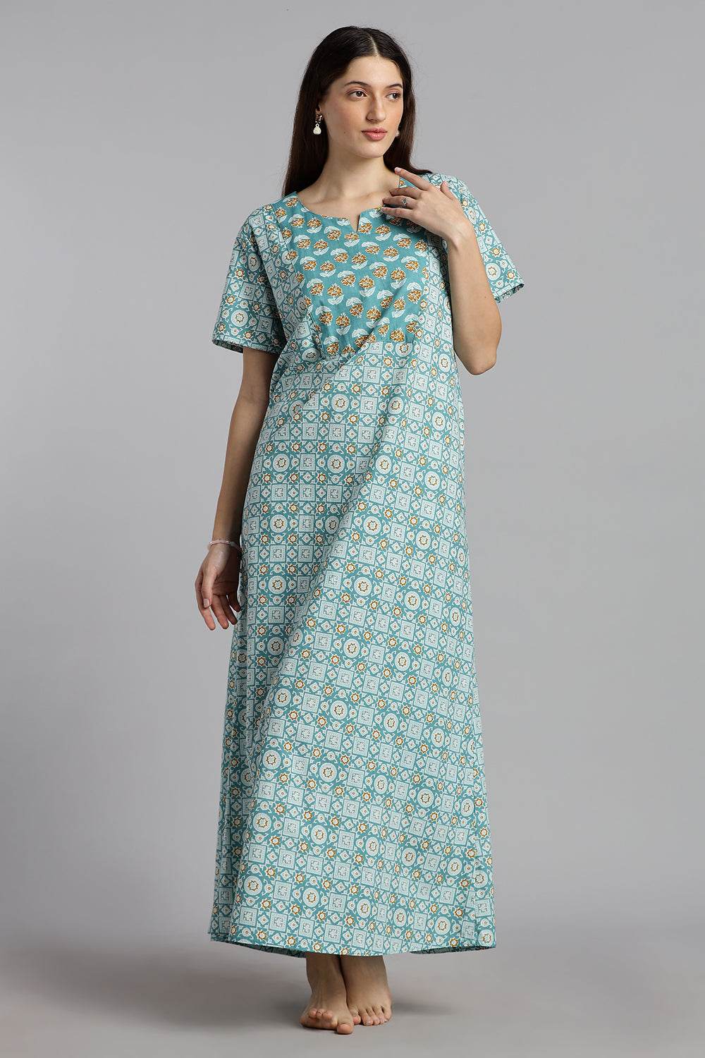 Naidu Hall Naidu Hall Women’s Printed Cotton Nighty – A-Line Fit with Front Yoke, Slant Pocket & Half Sleeves - Aqua Blue - N106 - Naidu Hall Family Store
