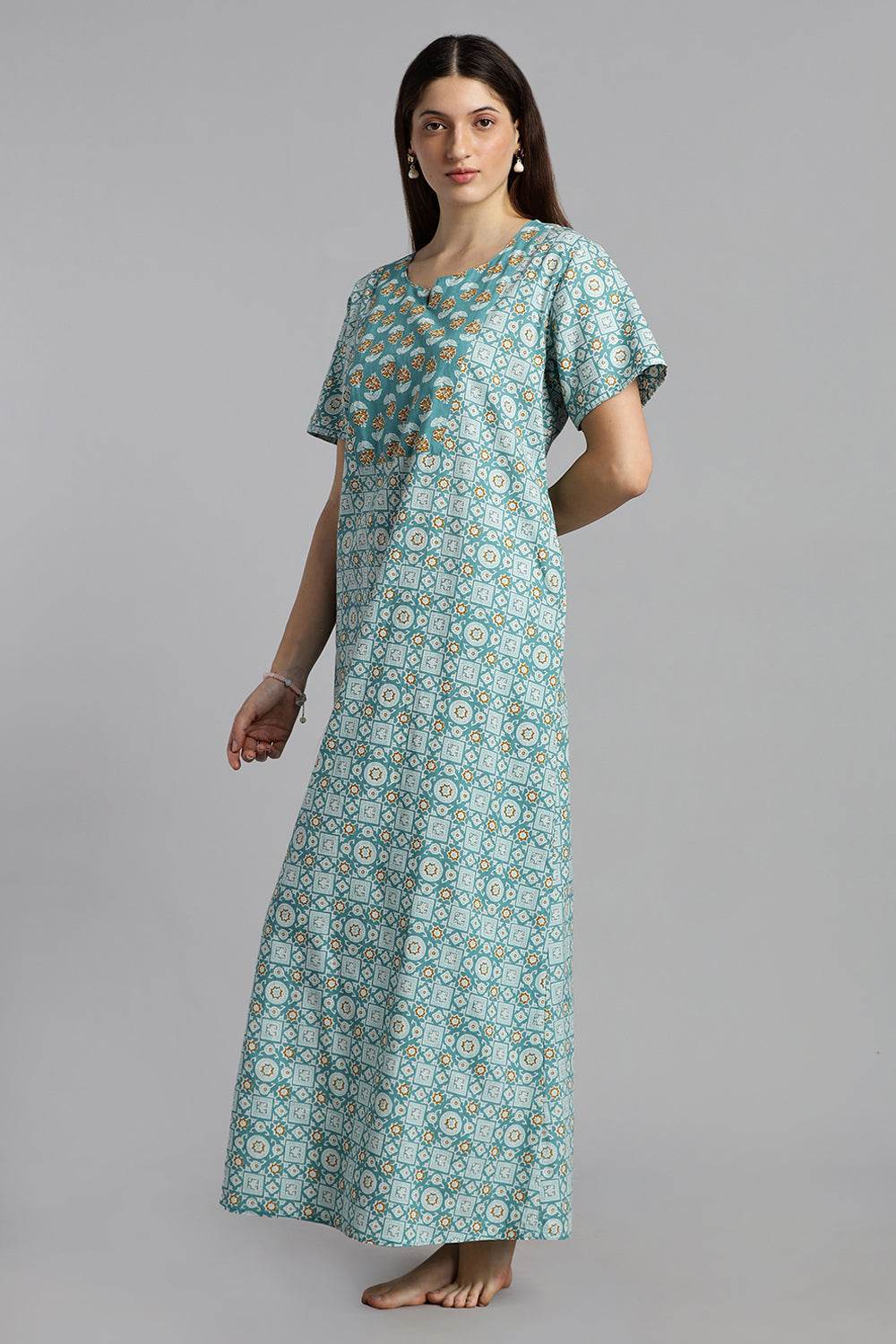 Naidu Hall Naidu Hall Women’s Printed Cotton Nighty – A-Line Fit with Front Yoke, Slant Pocket & Half Sleeves - Aqua Blue - N106 - Naidu Hall Family Store