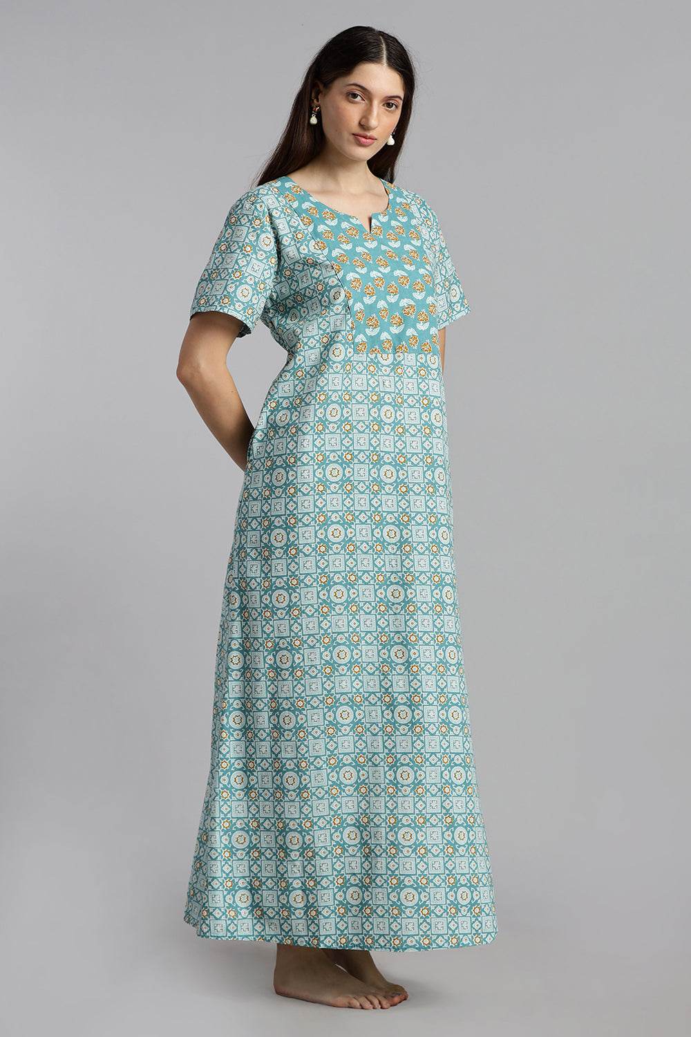 Naidu Hall Naidu Hall Women’s Printed Cotton Nighty – A-Line Fit with Front Yoke, Slant Pocket & Half Sleeves - Aqua Blue - N106 - Naidu Hall Family Store