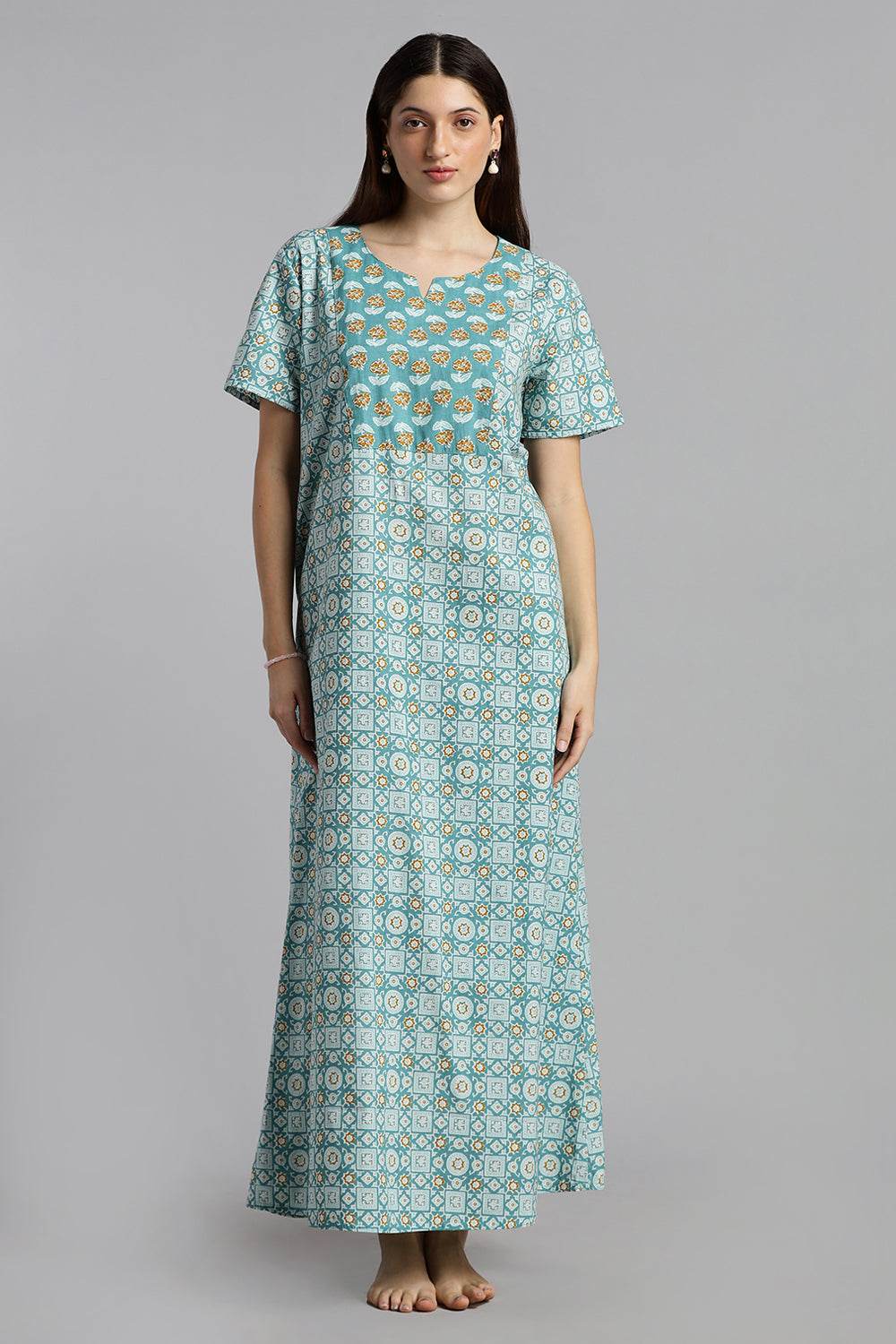 Naidu Hall Naidu Hall Women’s Printed Cotton Nighty – A-Line Fit with Front Yoke, Slant Pocket & Half Sleeves - Aqua Blue - N106 - Naidu Hall Family Store