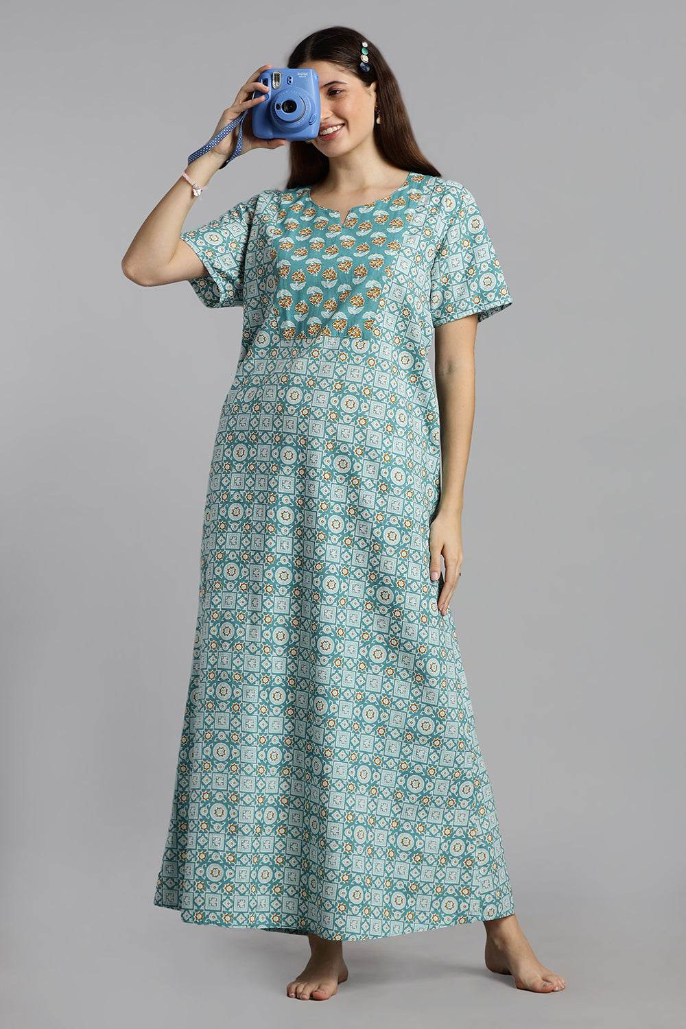 Naidu Hall Naidu Hall Women’s Printed Cotton Nighty – A-Line Fit with Front Yoke, Slant Pocket & Half Sleeves - Aqua Blue - N106 - Naidu Hall Family Store