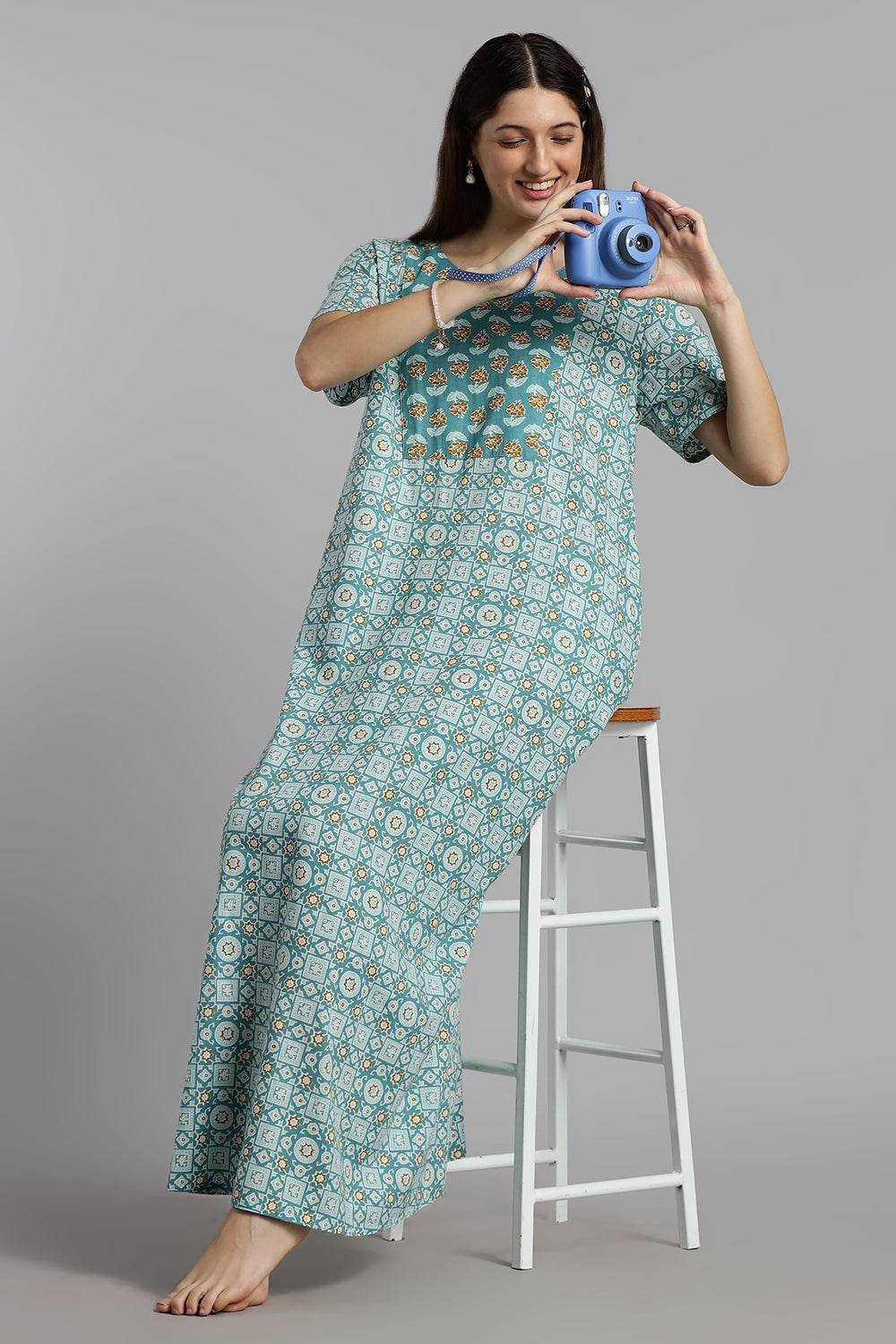 Naidu Hall Naidu Hall Women’s Printed Cotton Nighty – A-Line Fit with Front Yoke, Slant Pocket & Half Sleeves - Aqua Blue - N106 - Naidu Hall Family Store