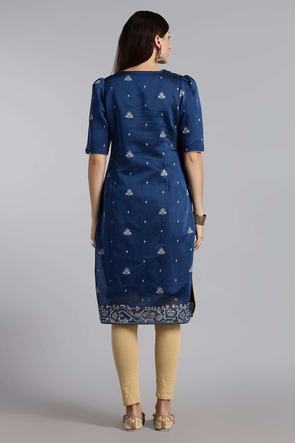 Mythri Women’s Puff Sleeve Jamdhani Kurta – Cotton Occasional Wear Ethnic Kurti - Blue - KU92
