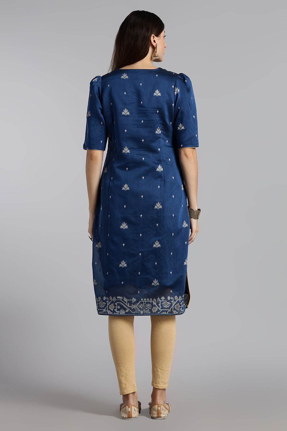 Mythri Women’s Puff Sleeve Jamdhani Kurta – Cotton Occasional Wear Ethnic Kurti - Blue - KU92 - Naidu Hall Family Store