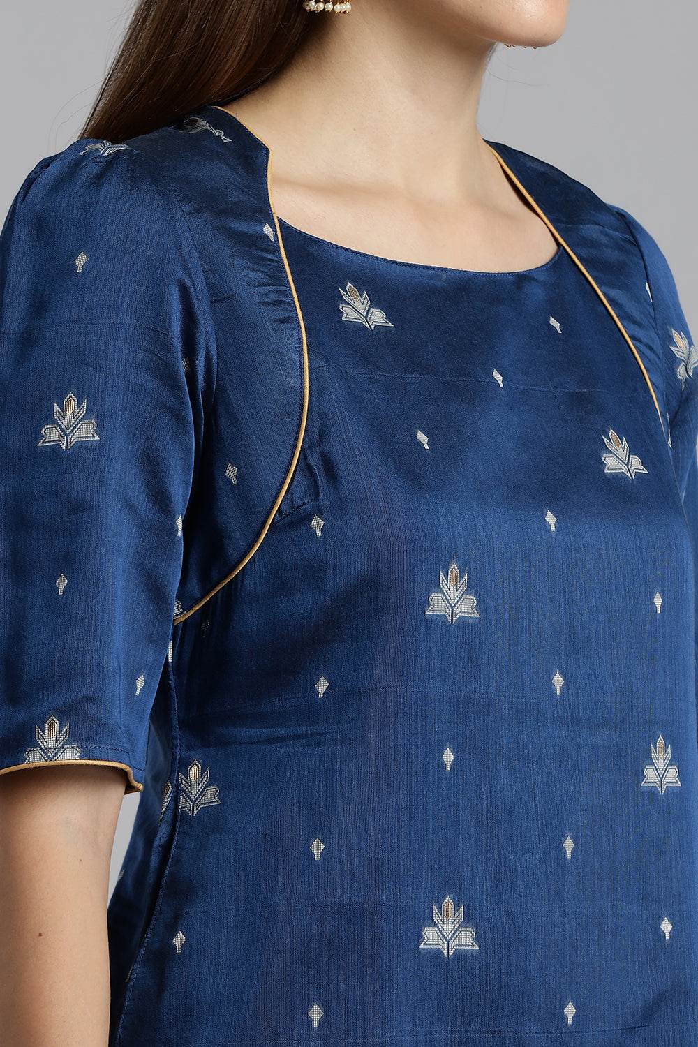 Mythri Women’s Puff Sleeve Jamdhani Kurta – Cotton Occasional Wear Ethnic Kurti - Blue - KU92 - Naidu Hall Family Store