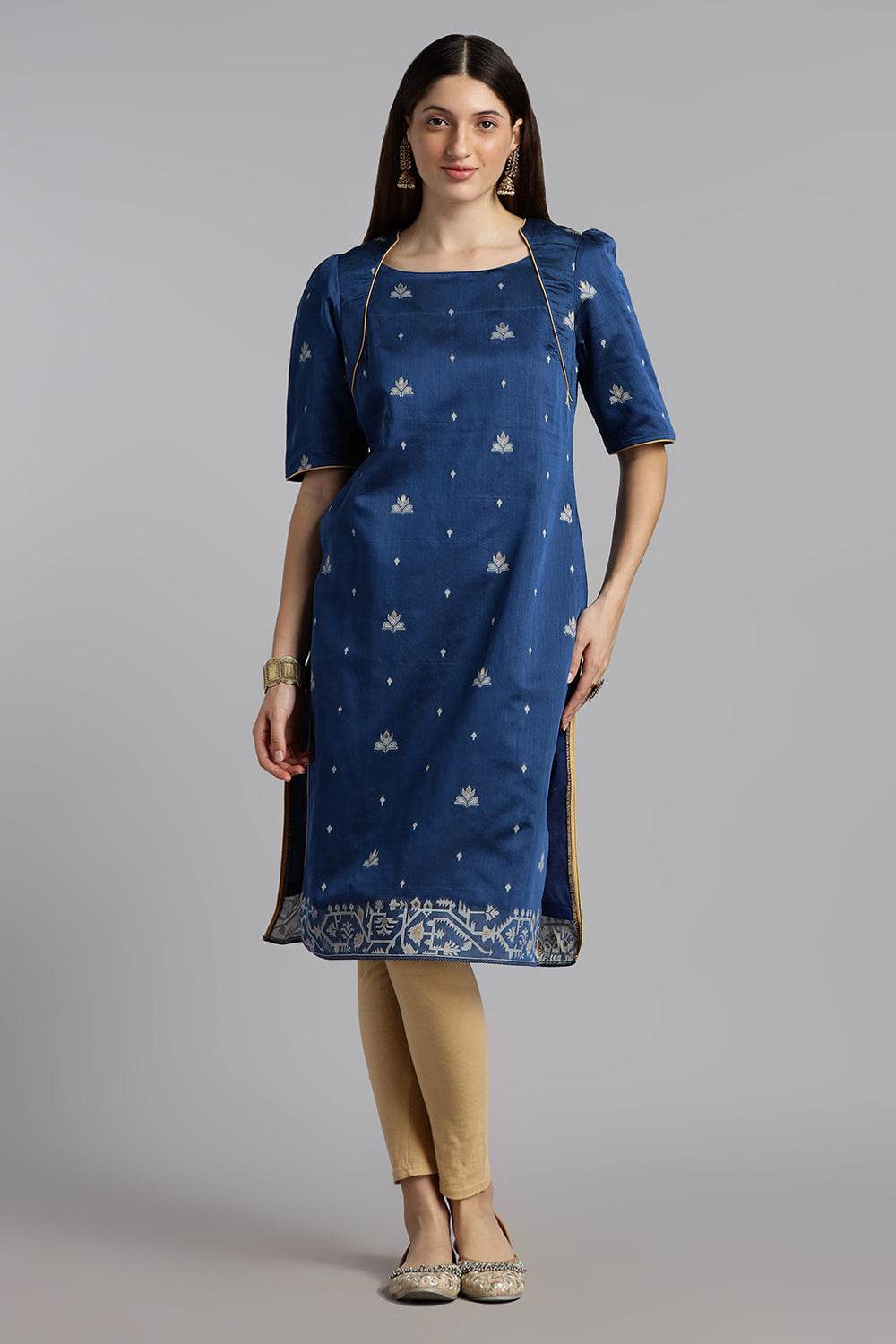 Mythri Women’s Puff Sleeve Jamdhani Kurta – Cotton Occasional Wear Ethnic Kurti - Blue - KU92 - Naidu Hall Family Store