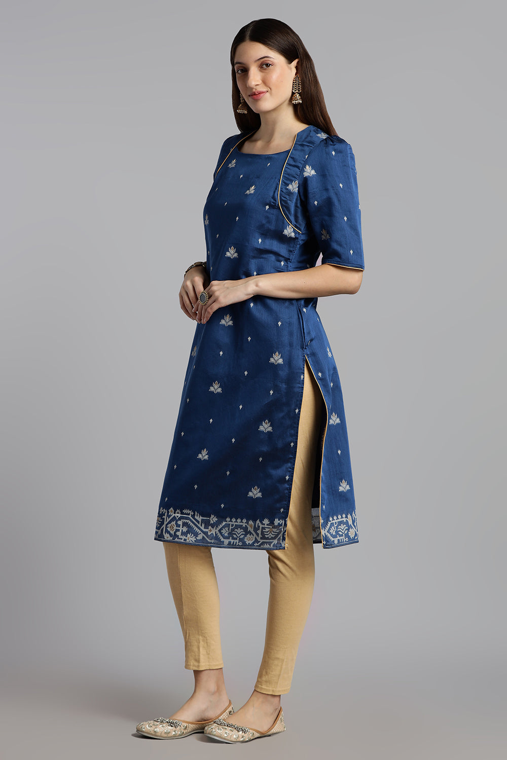 Mythri Women’s Puff Sleeve Jamdhani Kurta – Cotton Occasional Wear Ethnic Kurti - Blue - KU92