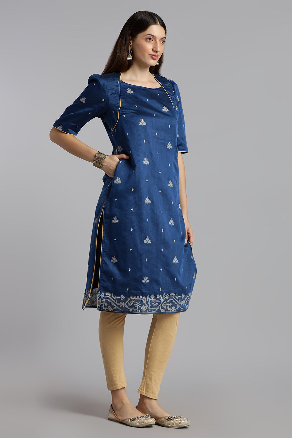 Mythri Women’s Puff Sleeve Jamdhani Kurta – Cotton Occasional Wear Ethnic Kurti - Blue - KU92
