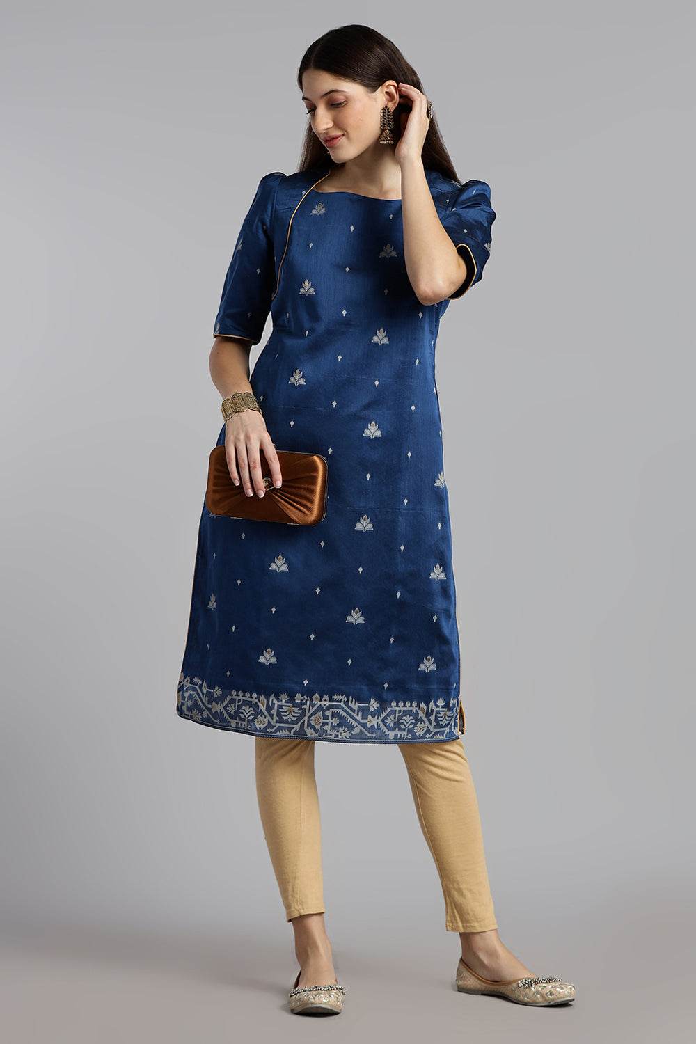 Mythri Women’s Puff Sleeve Jamdhani Kurta – Cotton Occasional Wear Ethnic Kurti - Blue - KU92 - Naidu Hall Family Store