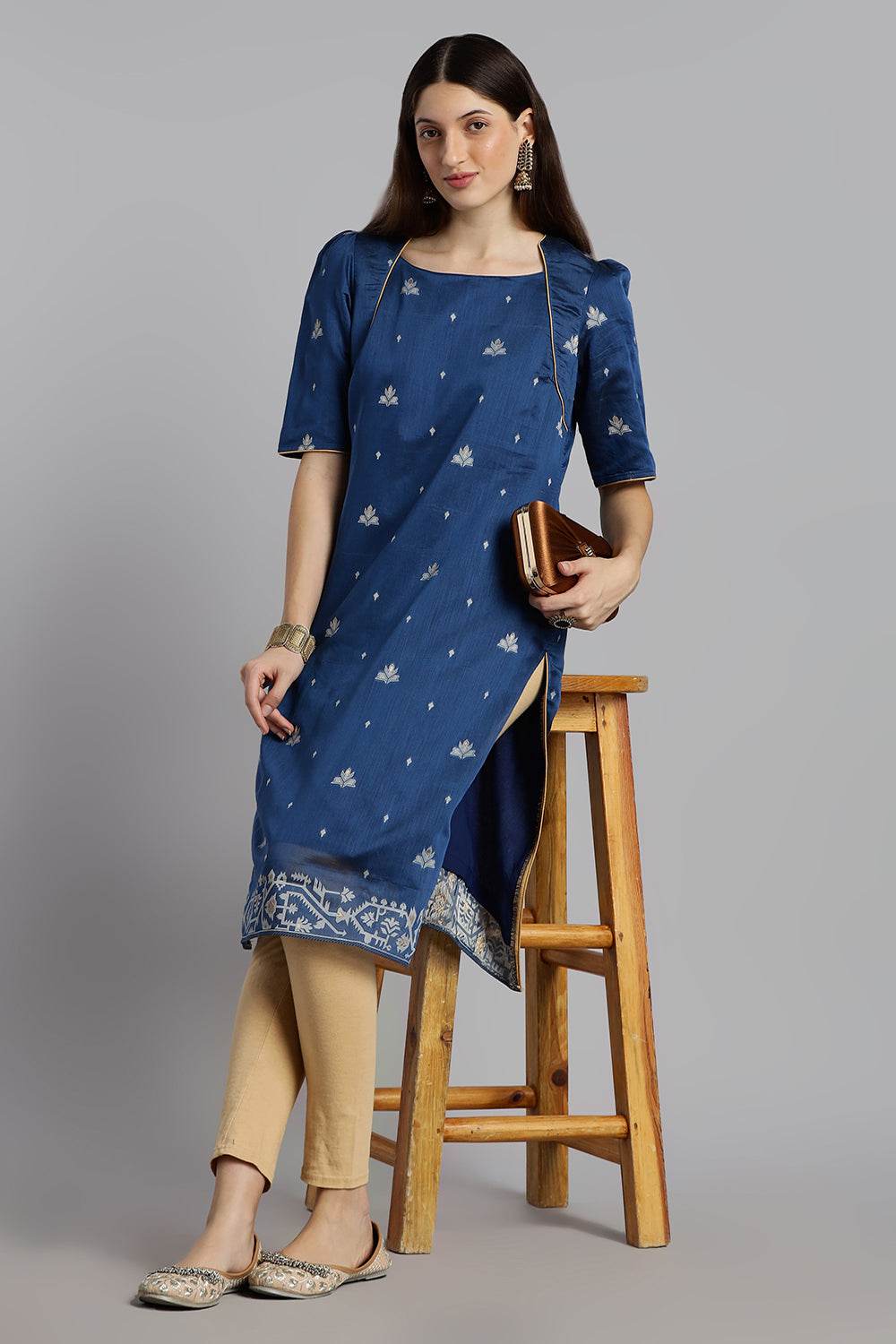 Mythri Women’s Puff Sleeve Jamdhani Kurta – Cotton Occasional Wear Ethnic Kurti - Blue - KU92 - Naidu Hall Family Store