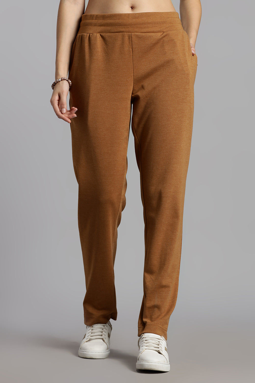 Jusperf Women’s Solid Track Pants – Cotton Rich Interlock Fabric with Side Pockets and Drawstring Waist - Brown - OC01