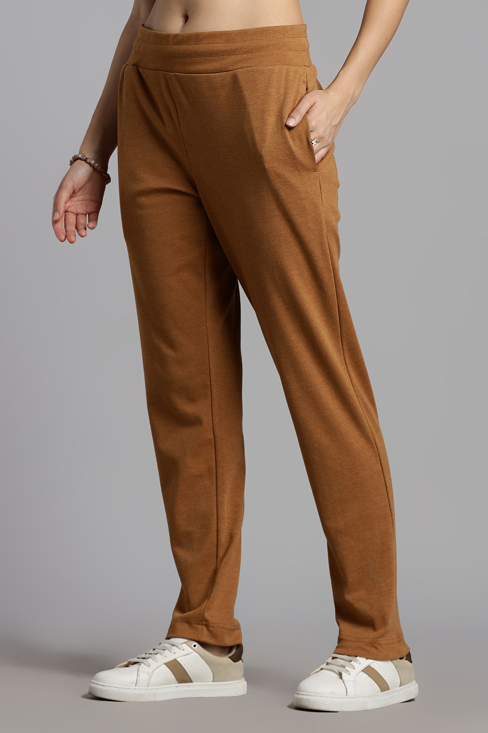 Jusperf Women’s Solid Track Pants – Cotton Rich Interlock Fabric with Side Pockets and Drawstring Waist - Brown - OC01