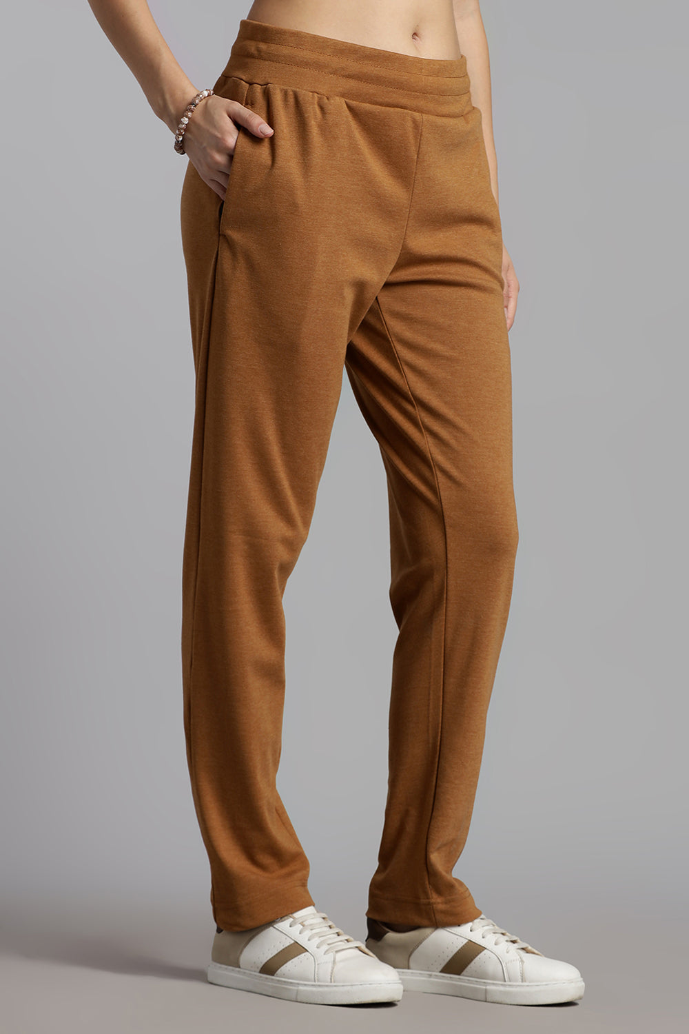 Jusperf Women’s Solid Track Pants – Cotton Rich Interlock Fabric with Side Pockets and Drawstring Waist - Brown - OC01
