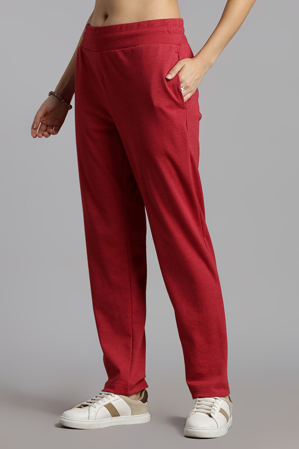 Jusperf Women’s Solid Track Pants – Cotton Rich Interlock Fabric with Side Pockets and Drawstring Waist - Red - OC01
