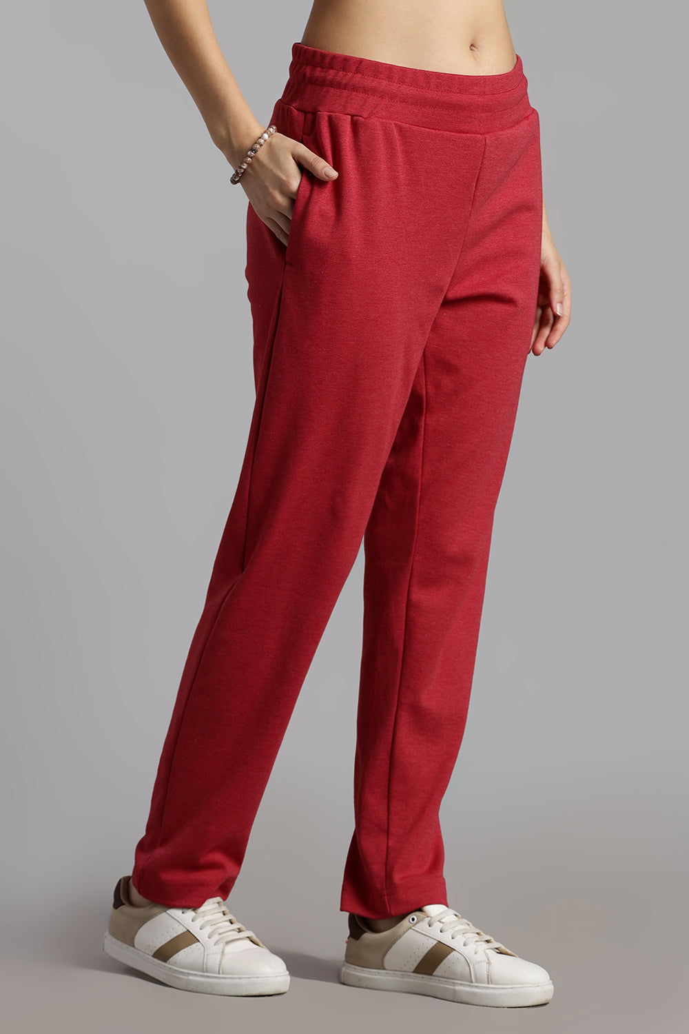 Jusperf Women’s Solid Track Pants – Cotton Rich Interlock Fabric with Side Pockets and Drawstring Waist - Red - OC01
