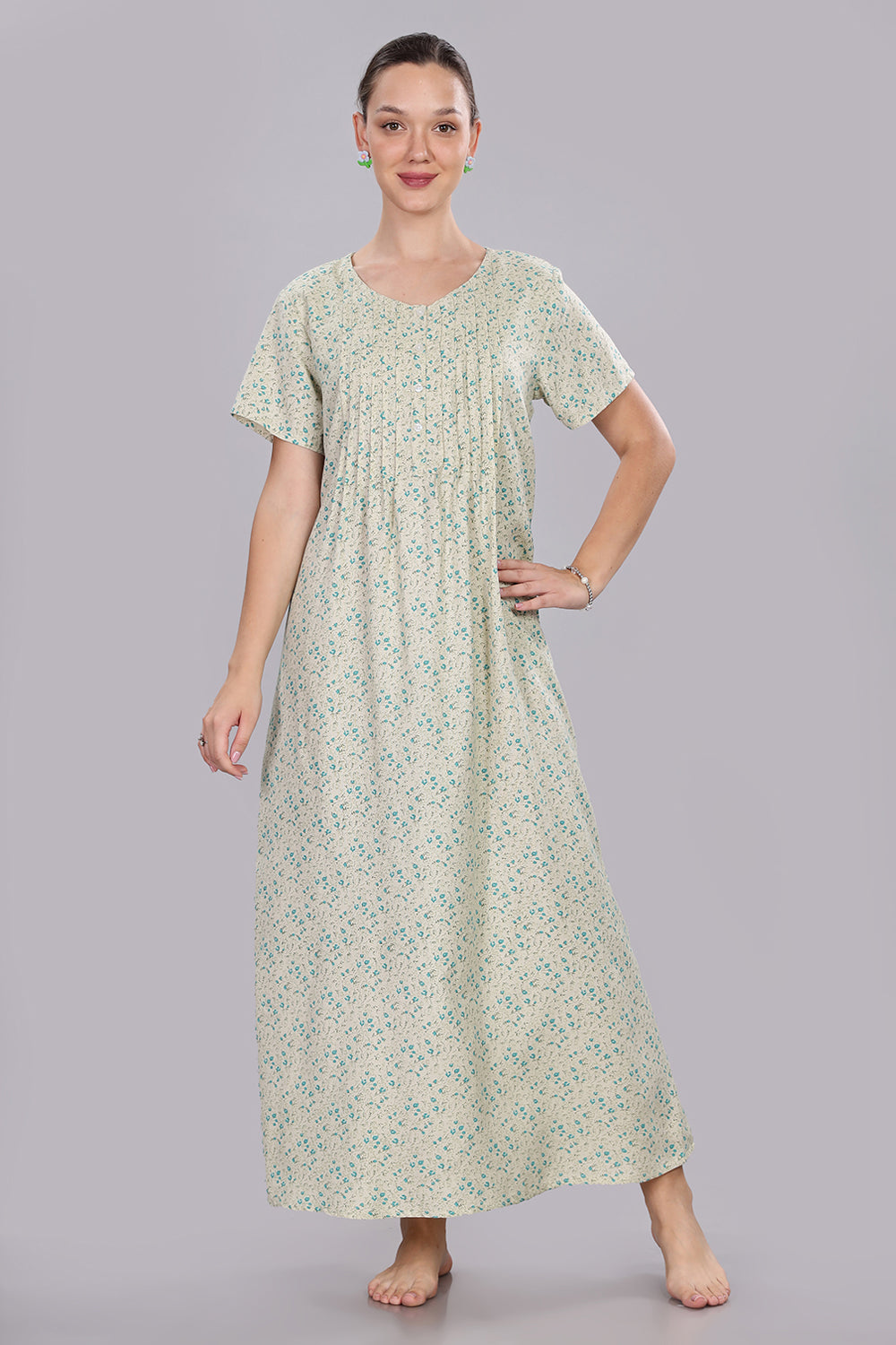 Naidu Hall Women's V-Neck A-Line Nighty with Front Button Placket and Pintuck Detailing - Light Green - NT20