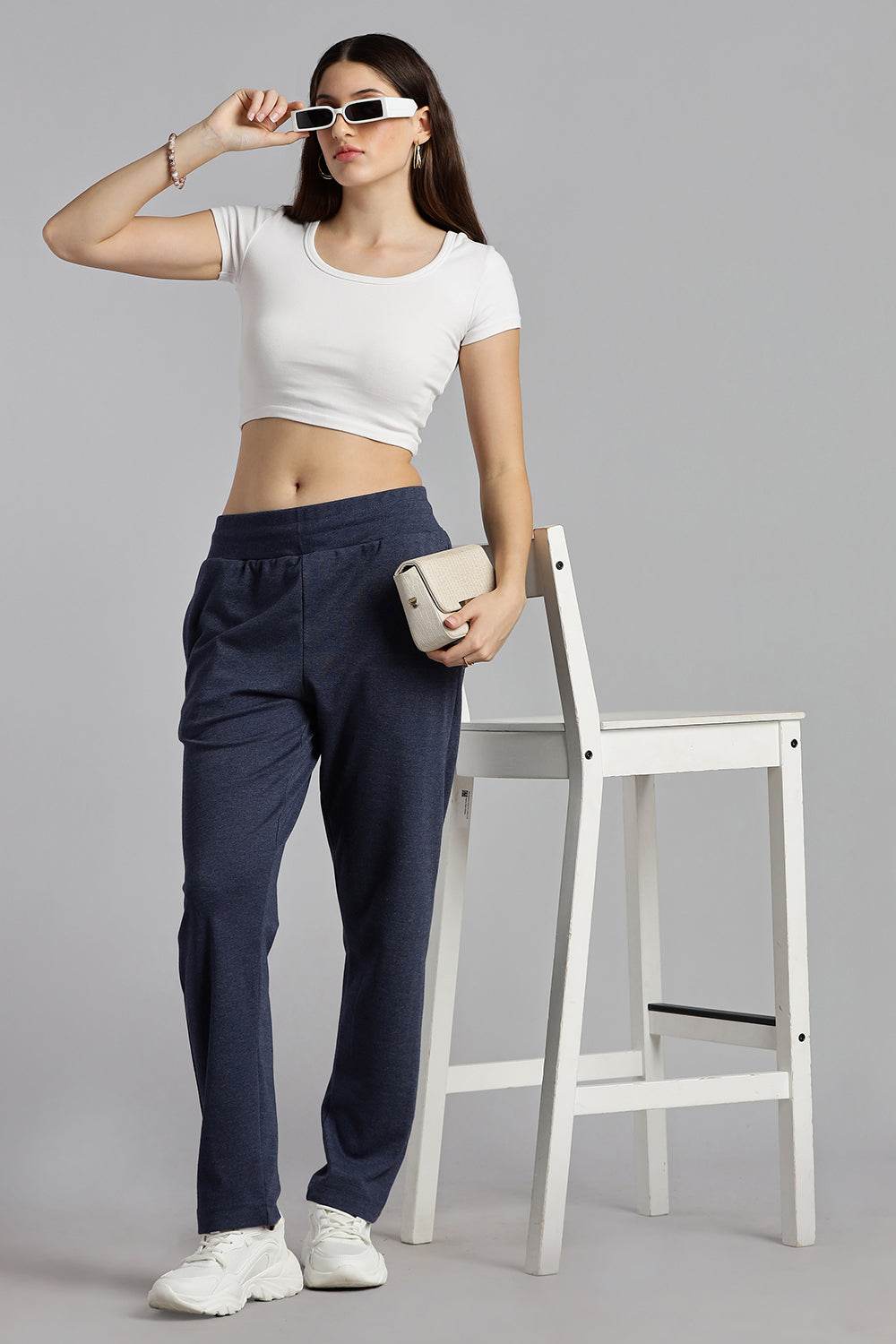 Jusperf Women’s Solid Track Pants – Cotton Rich Interlock Fabric with Side Pockets and Drawstring Waist - Navy Melange - OC01 - Naidu Hall Family Store