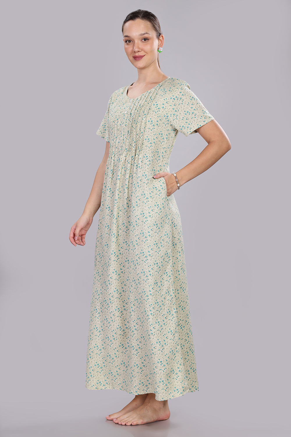 Naidu Hall Women's V-Neck A-Line Nighty with Front Button Placket and Pintuck Detailing - Light Green - NT20