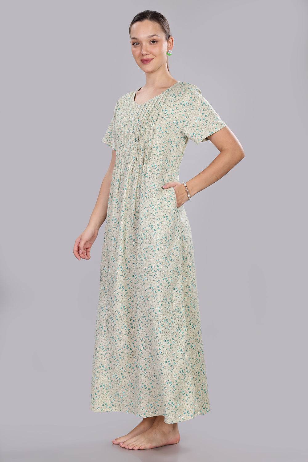 Naidu Hall Women's V-Neck A-Line Nighty with Front Button Placket and Pintuck Detailing - Light Green - NT20 - Naidu Hall Family Store