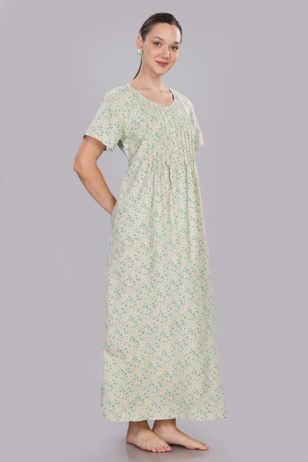 Naidu Hall Women's V-Neck A-Line Nighty with Front Button Placket and Pintuck Detailing - Light Green - NT20