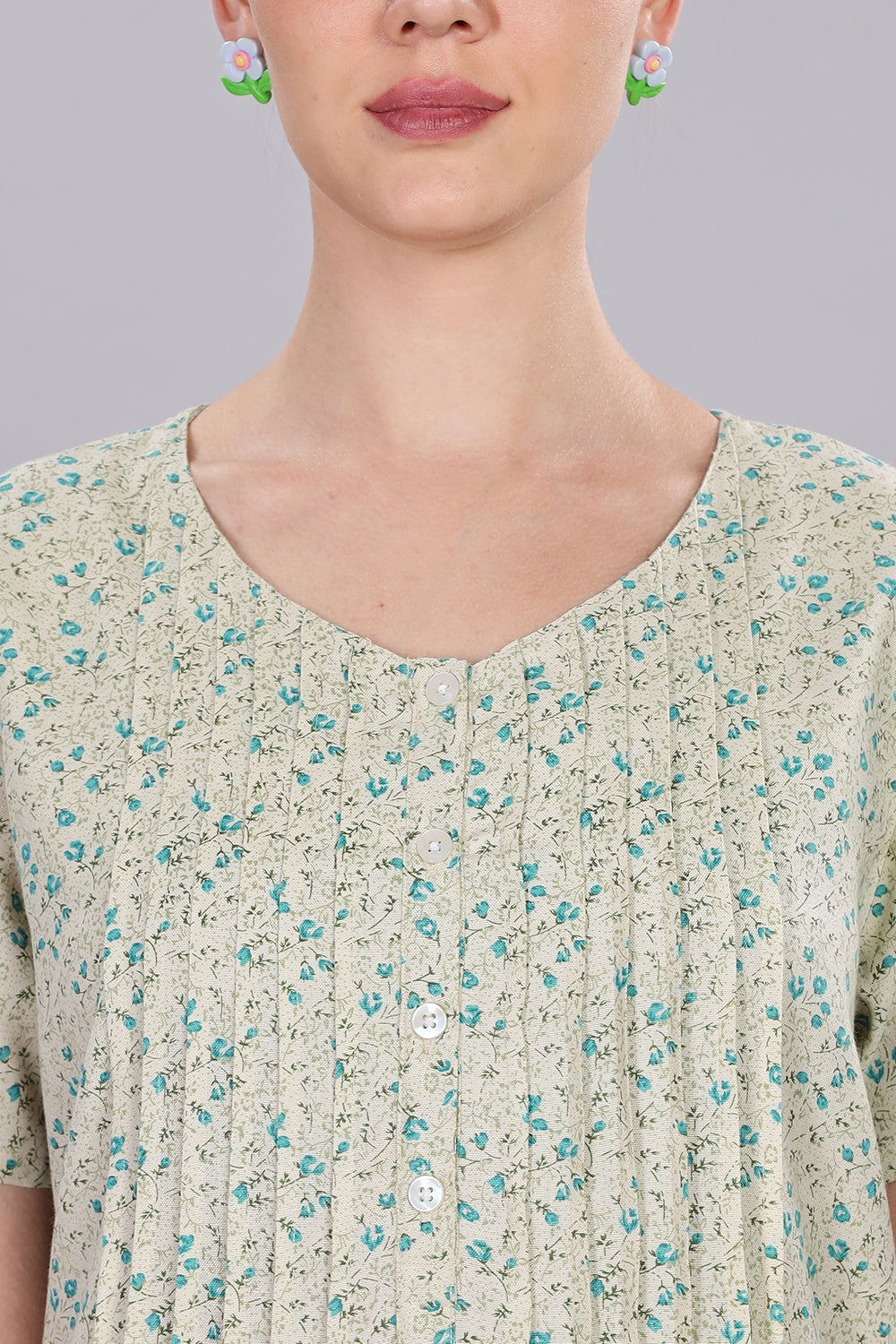 Naidu Hall Women's V-Neck A-Line Nighty with Front Button Placket and Pintuck Detailing - Light Green - NT20